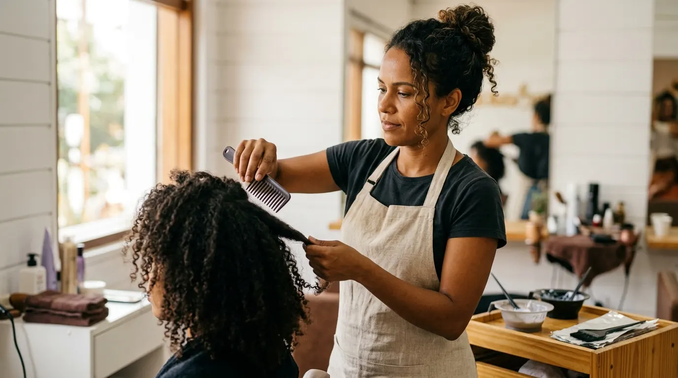 Cabeleireira brasileira penteando o cabelo de uma cliente antes de uma coloração