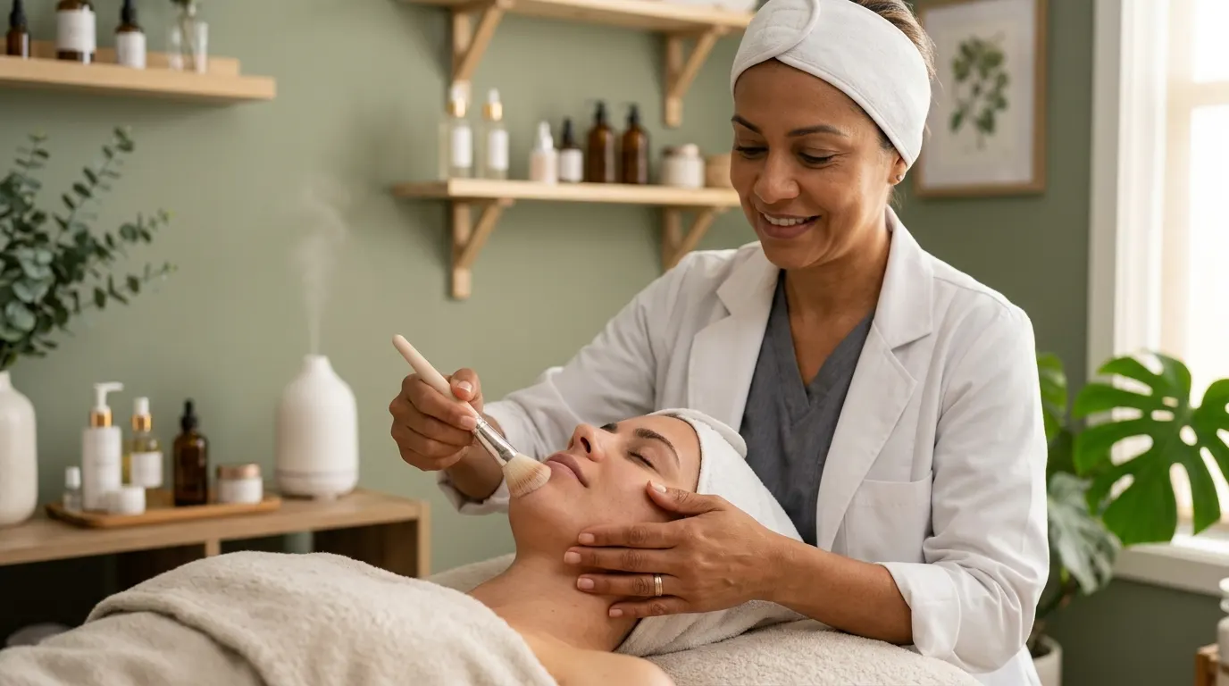 Esteticista realizando limpeza de pele em cliente relaxando numa maca