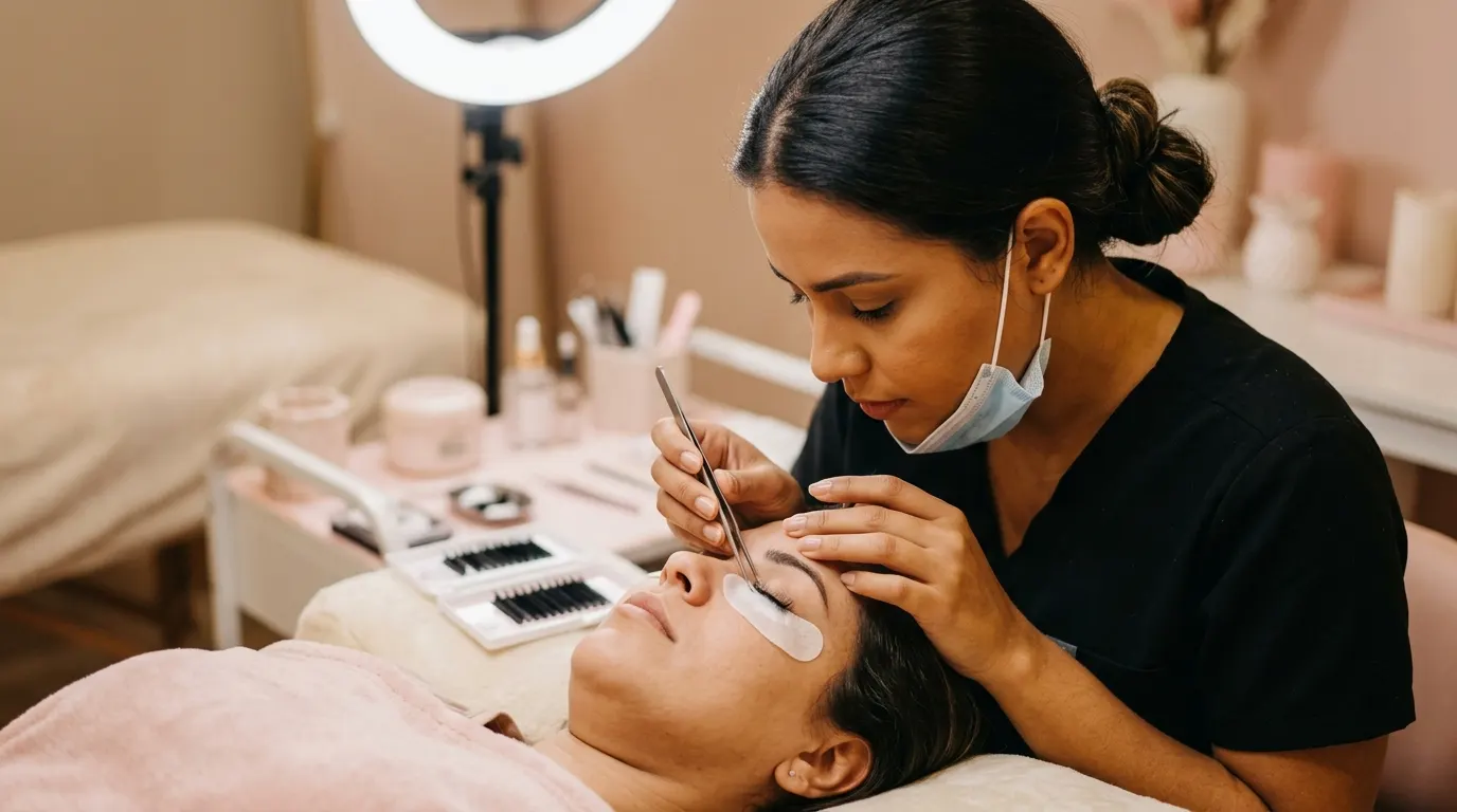 Lash designer aplicando extensão de cílios fio a fio em cliente deitada